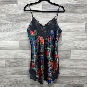 Victoria's Secret Slip Chemise Womens M Black Floral Scroll Romantic Silky Lacey